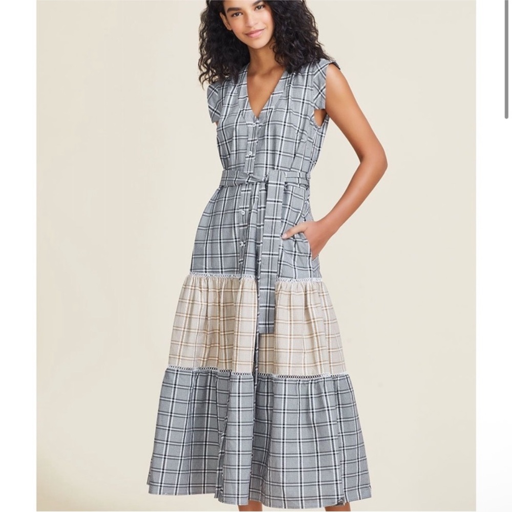 PEARL by Lela‎ Rose Plaid Tiered Midi Dress S